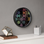 Hip Abstract Half Circles Fusion Art Pattern Clock<br><div class="desc">Beautiful contemporary dark brown, beige taupe, teal blue, dark pink, rust orange and olive green coloured geometric circles and half circles pattern on a black background. Elegant, stylish and eclectic minimalism design for the artistic interior designer, the artsy décor decorator, popular hip trendsetter, vintage retro art style or abstract digital...</div>