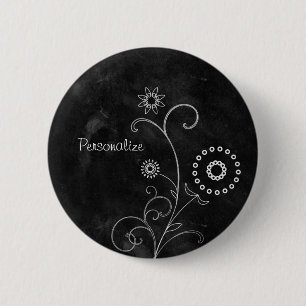Hip Black and White Foral Chalkboard With Name 6 Cm Round Badge