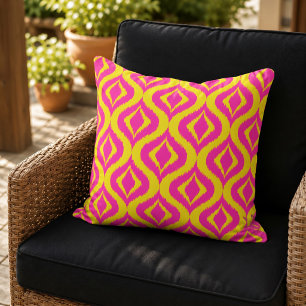Hip Bright Yellow Hot Pink Bohemian Ikat Pattern Cushion