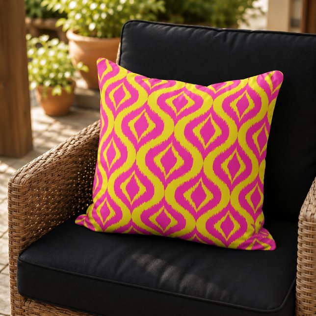 Hip Bright Yellow Hot Pink Bohemian Ikat Pattern Cushion (Creator Uploaded)