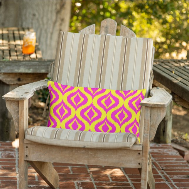 Hip Bright Yellow Hot Pink Bohemian Ikat Pattern Lumbar Cushion (Chair)