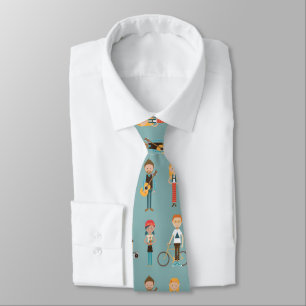Hip Cartoon People Illustrations Pattern (Blue) Tie