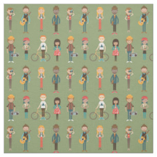Hip Cartoon People Illustrations Pattern (Green) Fabric