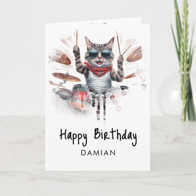 *~*  Hip Cool Cat DRUMMER AP91  Birthday Card (Front)