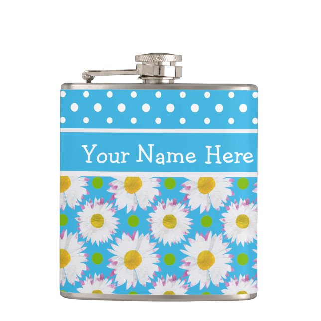Hip Flask to Personalise: Polkas, Daisies on Blue (Front)