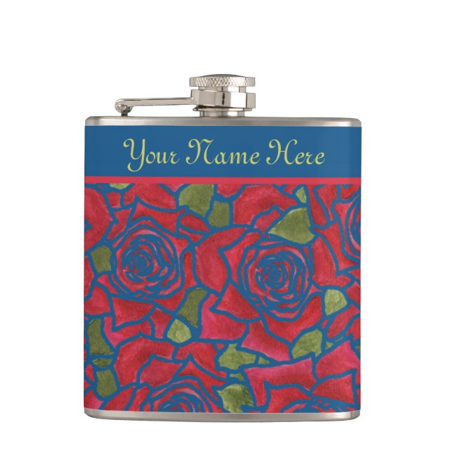 Hip Flask to Personalise: Red Roses on Navy Blue (Front)
