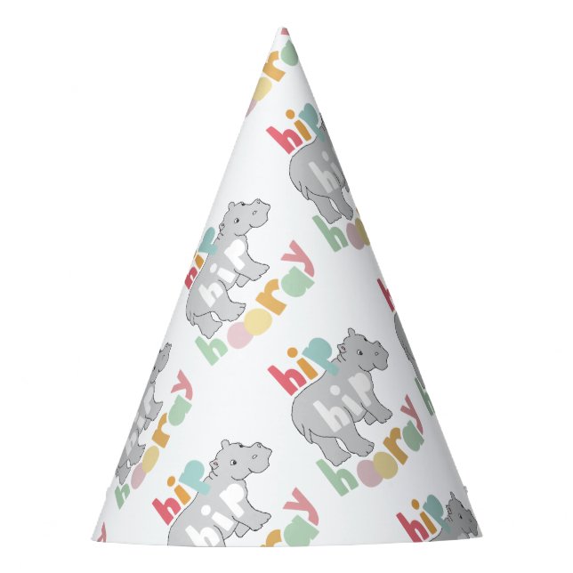 Hip Hip Hooray Grey Hippo Drawing Cute Animal Art Party Hat (Front)
