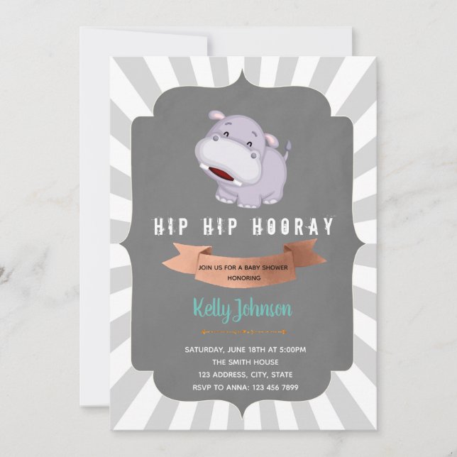 Hip hippo hooray baby shower invitation (Front)