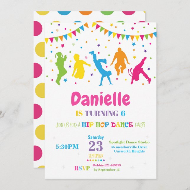 Hip Hop Dance Birthday Party Invitation Girl (Front/Back)