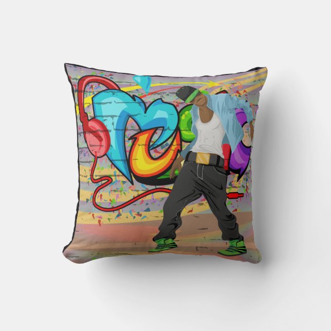 Hip-Hop Dancing Guy and  Music Graffiti Wall Cushion (Front)