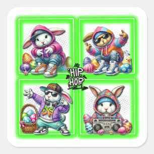Hip Hop Easter Bunny Buddies, Music, Neon Green   Square Sticker