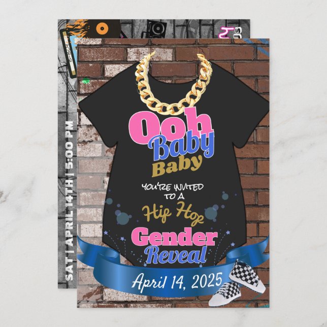 Hip Hop Gender Reveal Pink & Blue Invitations (Front/Back)