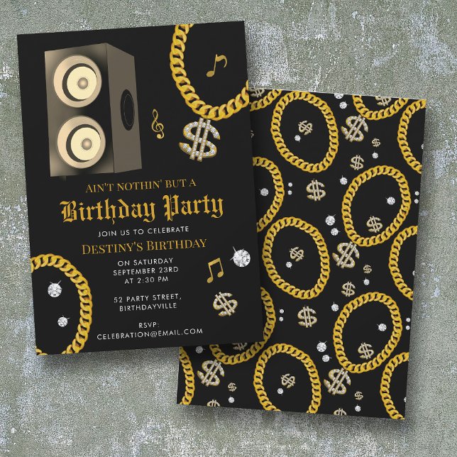 Hip Hop Gold Chain Subwoofer 80's 90's Birthday Invitation (Hip Hop Gold Chain Subwoofer 80's 90's Birthday Invitation)