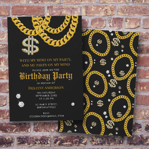 Hip Hop Gold Cuban Link Chain 90's Birthday Party Invitation