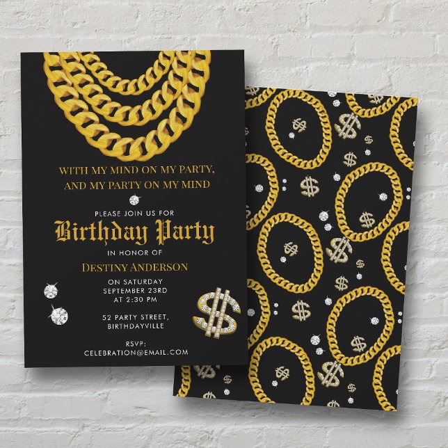 Hip Hop Gold Cuban Link Chain 90's Birthday Party Invitation (Hip Hop Gold Cuban Link Chain 90's Birthday Party Invitation)