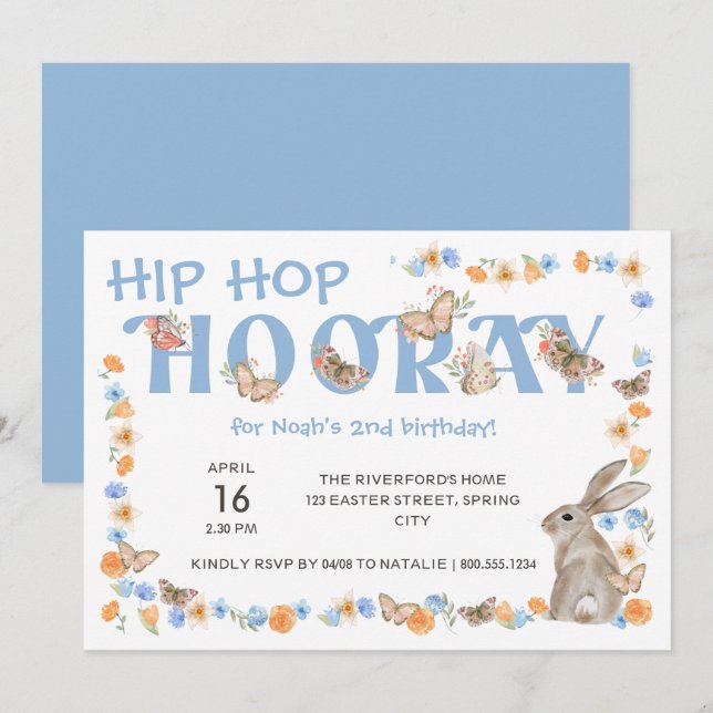 Hip Hop Hooray Bunny and Butterfly Boy's Birthday Invitation (Front/Back)