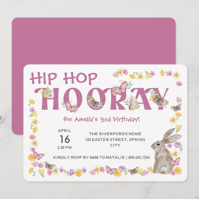 Hip Hop Hooray Girl's Birthday Bunny and Butterfly Invitation (Front/Back)