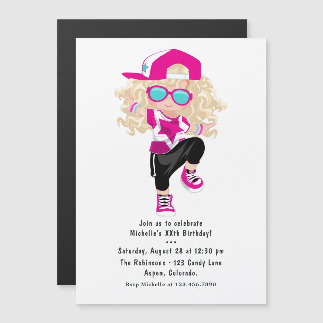 Hip Hop Rap Girl Break Dancer Birthday Party Magnetic Invitation (Front/Back)