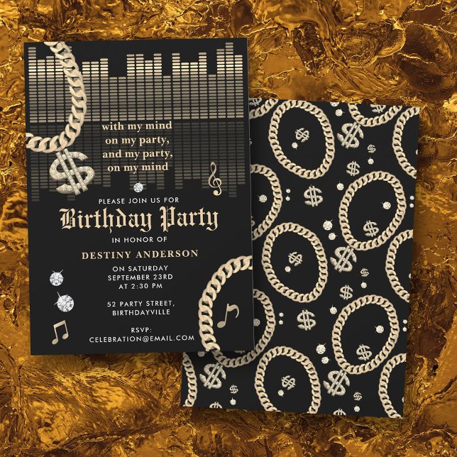 Hip Hop Rap Music Gold Link Chain 90's Birthday Invitation (Hip Hop Rap Music Gold Link Chain 90's Birthday Invitation)