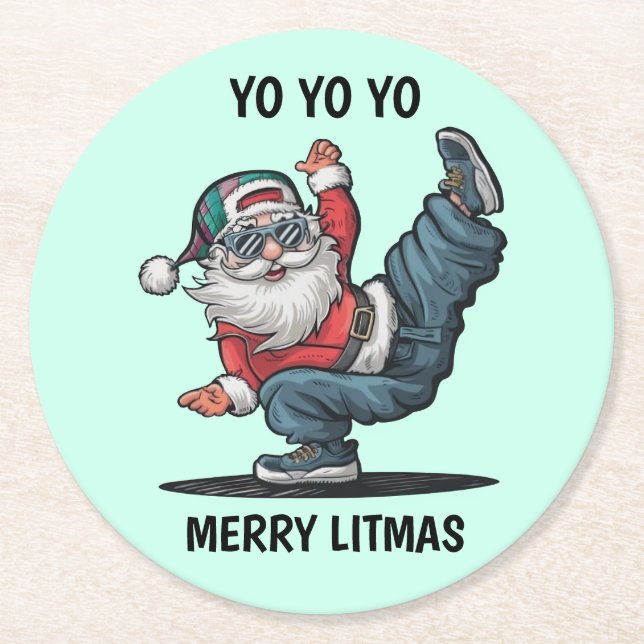 Hip Hop Santa Claus Christmas Paper Coasters (Front)
