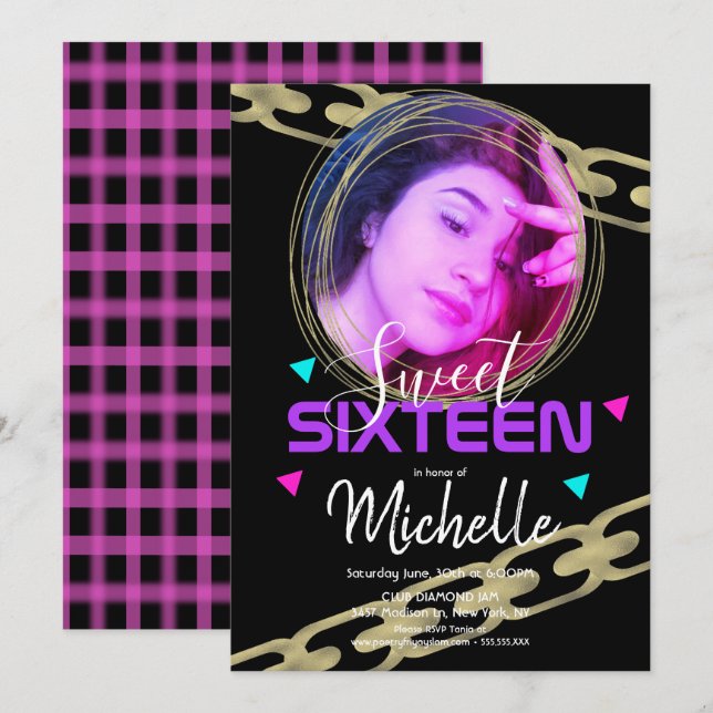 Hip Hop Sweet Sixteen Gold Ring Confetti Photo Invitation (Front/Back)