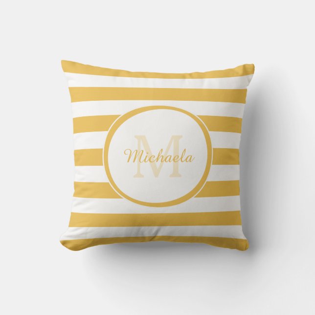 Hip Horizontal Stripes Monogram and Name in Yellow Cushion (Front)
