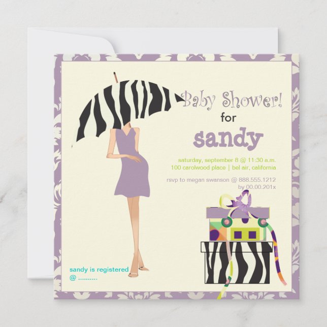 Hip mama, purple damask/zebra baby shower invitation (Front)