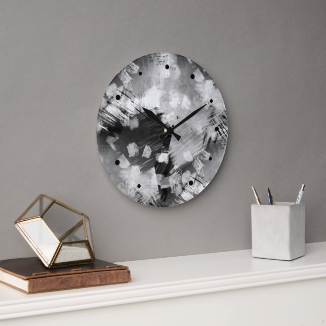 Hip Modern Black Grey White Abstract Geometric Art Large Clock (Office)