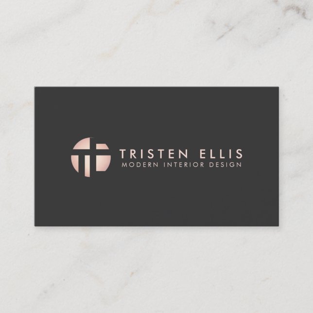 Hip Modern Retro Rose Gold Monogram Designer Black Business Card (Front)