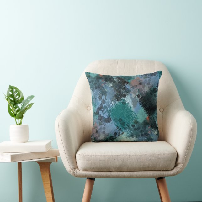 Hip Modern Teal Green Violet Blue Brushstrokes Art Cushion (Chair)