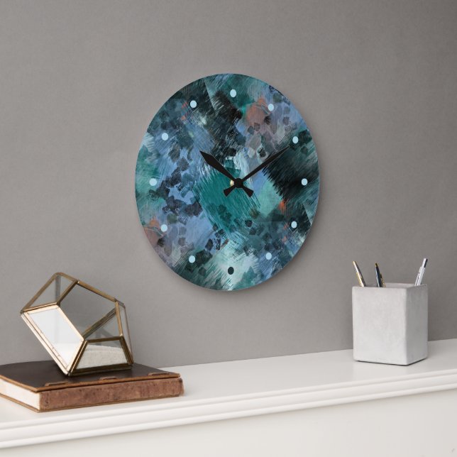 Hip Modern Teal Green Violet Blue Brushstrokes Art Large Clock (Office)