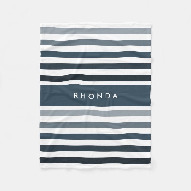 Hip Ombre Stripes Pattern With Name in Deep Blue Fleece Blanket (Front)