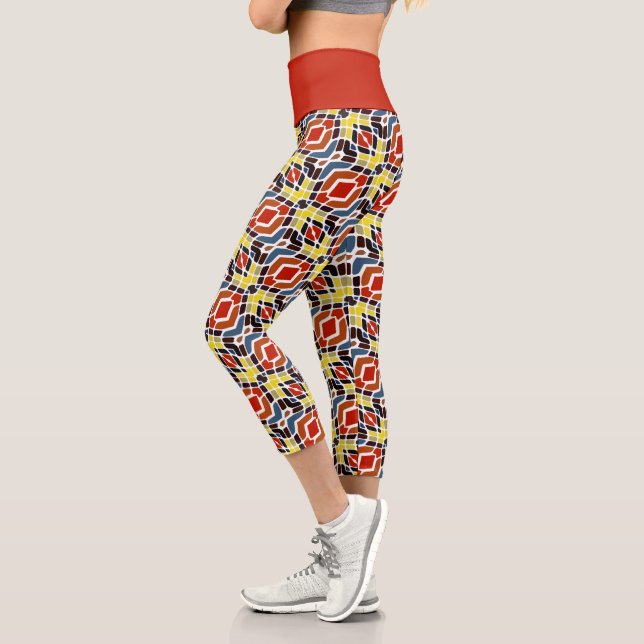 Hip Orange Brown Red Yellow Blue Oriental Art Capri Leggings (Left)