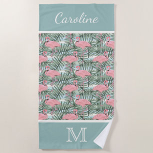 Hip Pink Flamingoes Palm Leafs Pattern Custom Beach Towel