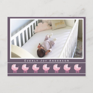 Hip Retro Pink Baby Buggy Baby Girl Photo Announcement Postcard