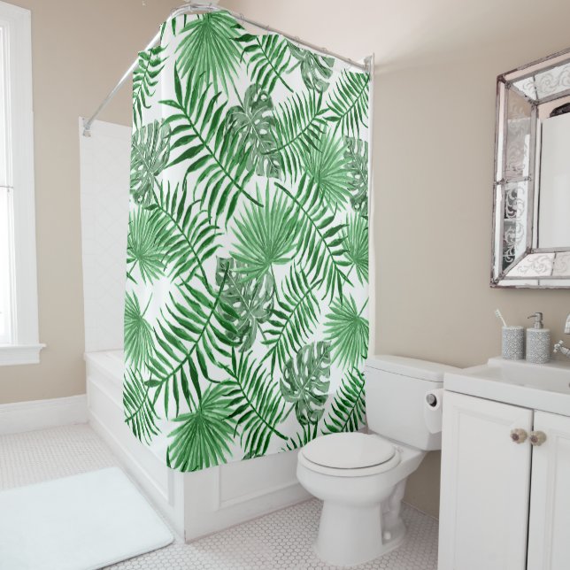Hip Retro Tropical Green Palm Leafs Pattern Shower Curtain (In Situ)