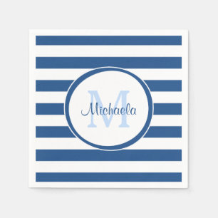 Hip Rich Blue Monogram and Horizontal Stripes Napkin