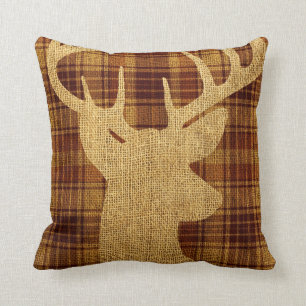 Hip Rustic Deer Silhouette on Plaid Cushion
