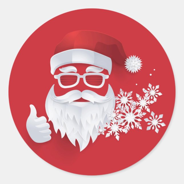 Hip Santa Claus Papercut on Red Christmas Classic Round Sticker (Front)