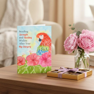 Hip Surgery Healing Scarlet Macaws, Hibiscus Card