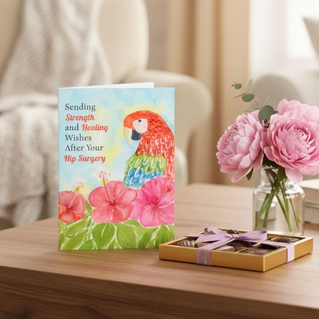 Hip Surgery Healing Scarlet Macaws, Hibiscus Card (Creator Uploaded)