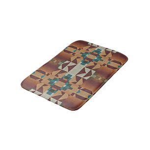 Hip Taupe Brown Orange Teal Blue Green Ethnic Art Bath Mat