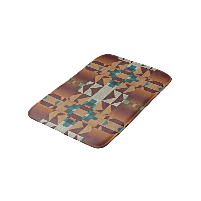 Hip Taupe Brown Orange Teal Blue Green Ethnic Art Bath Mat (Angled)
