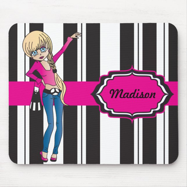 Hip Teen Girl with Black and White Stripes Mouse Pad (Front)