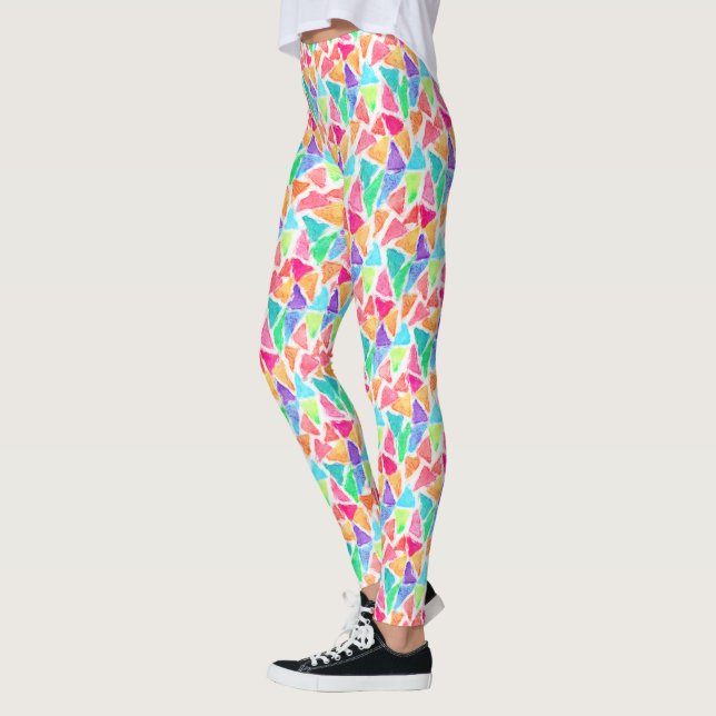 Hip Triangle Polygon Mosaic Watercolor Art Pattern Leggings (Left)
