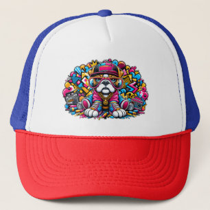 HipHop Bulldog with Graffiti Street Style Backdrop Trucker Hat