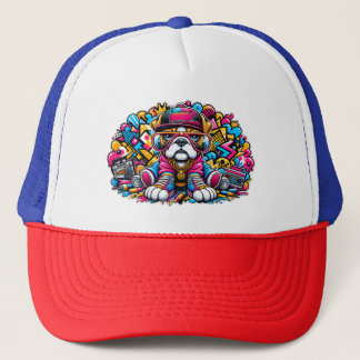 HipHop Bulldog with Graffiti Street Style Backdrop Trucker Hat