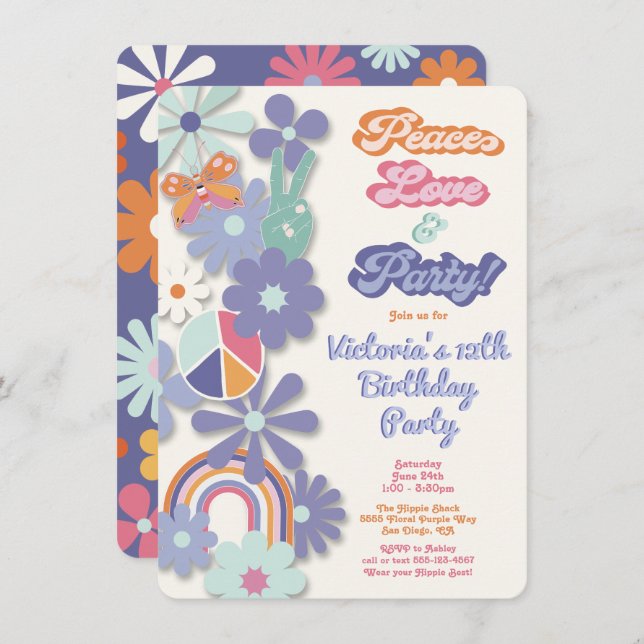 Hippie 1960's 1970's Peace Love & Party Birthday Invitation (Front/Back)