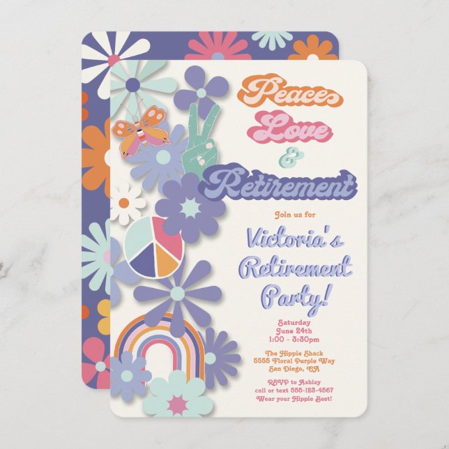 Hippie 1960's 1970's Peace Love & Retirement Invitation (Front/Back)