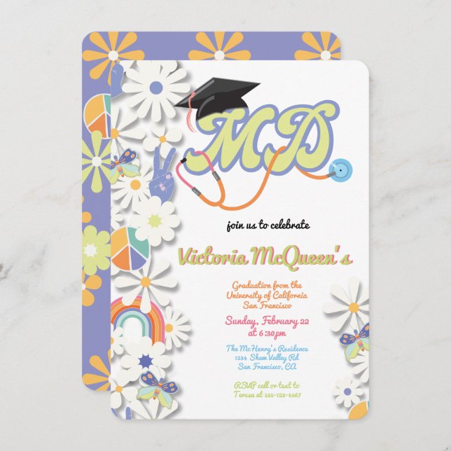 Hippie 60's 70's Doctor MD Graduation Invitation (Front/Back)